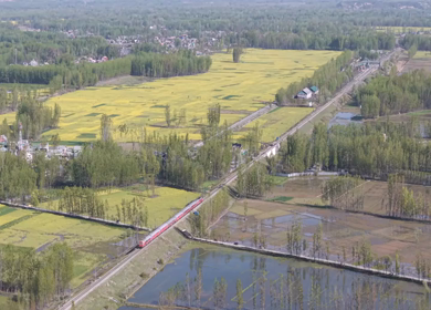 Aerial View of Train Passing Pampore Station in Srinagar Kashmir