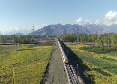 Aerial View of Train Passing Pampore Station in Srinagar Kashmir