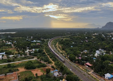 Aerial View of Train and Coastal Landscape with Mountains in Kanyakumari Tamil Nadu