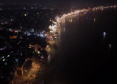 Aerial View of Varanasi Ghats Illuminated During Dev Deepawali Festival India