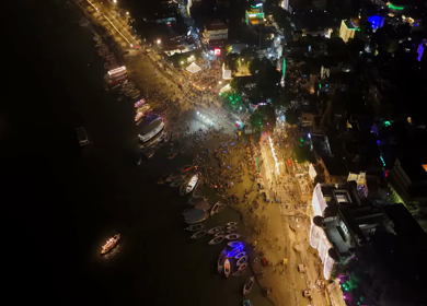 Aerial View of Varanasi Ghats Illuminated During Dev Deepawali Festival India