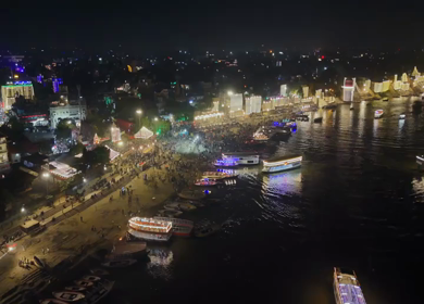 Aerial View of Varanasi Ghats Illuminated During Dev Deepawali Festival India