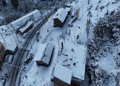 Aerial View snow covered rooftops in Lachen village North Sikkim, India