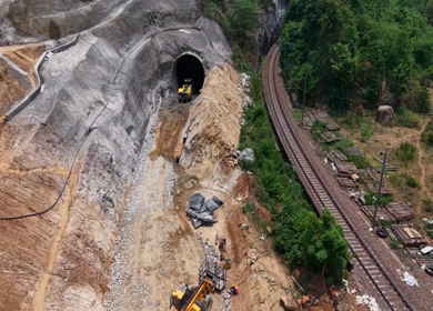Aerial View of Kottavalasa–Kirandul Railway Track and Tunnel Construction, Andhra Pradesh
