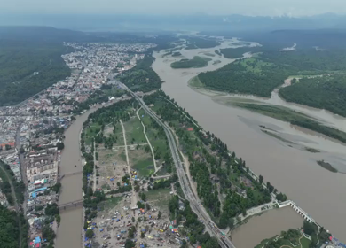 Aerial drone panorama of Haridwar city in Uttarakhand India