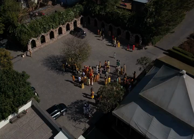 Aerial drone shot capturing traditional Indian wedding rituals during a grand ceremony