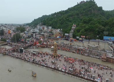 Aerial drone shot of Haridwar city in Uttarakhand India