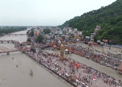 Aerial drone shot of Haridwar city in Uttarakhand India