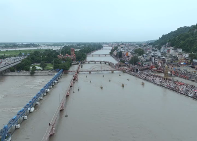 Aerial drone shot of Haridwar city in Uttarakhand India