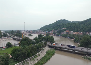 Aerial drone shot of Haridwar city in Uttarakhand India
