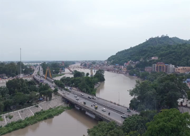 Aerial drone shot of Haridwar city in Uttarakhand India