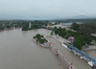 Aerial drone shot of Haridwar city in Uttarakhand India