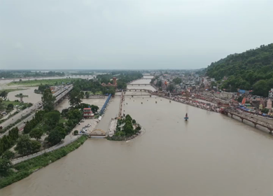 Aerial drone shot of Haridwar city in Uttarakhand India
