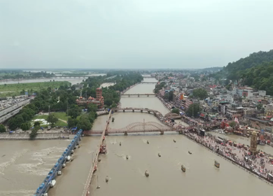 Aerial drone shot of Haridwar city in Uttarakhand India