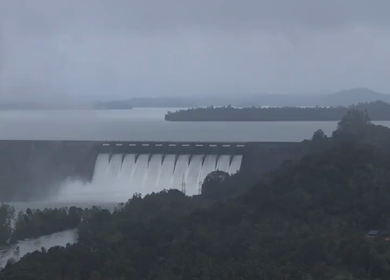Aerial drone shot of Linganamakki Dam in Karnataka India