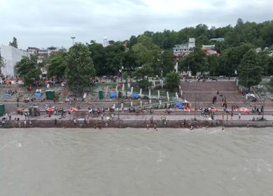 Aerial drone shot of Triveni Ghat in Rishikesh India