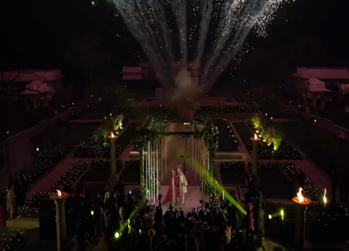 Aerial drone shot of a Jaimala ceremony at a Big Fat Indian wedding with fireworks