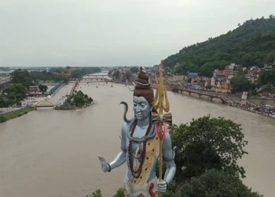 Aerial drone shot of giant Lord Shiva statue in Haridwar India