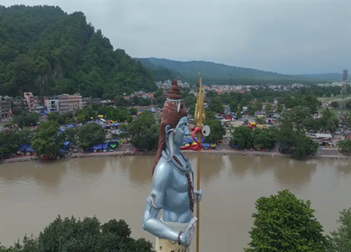 Aerial drone shot of giant Lord Shiva statue in Haridwar India