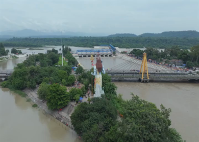 Aerial drone shot of giant Lord Shiva statue in Haridwar India
