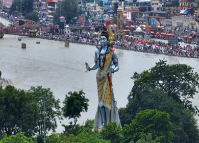 Aerial drone shot of giant Lord Shiva statue in Haridwar India