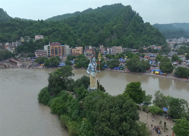 Aerial drone shot of giant Lord Shiva statue in Haridwar India