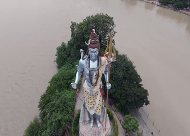 Aerial drone shot of giant Lord Shiva statue in Haridwar India