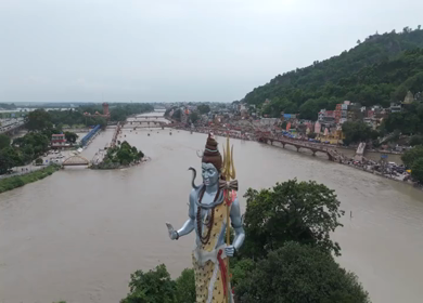 Aerial drone shot of giant Lord Shiva statue in Haridwar India