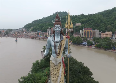 Aerial drone shot of giant Lord Shiva statue in Haridwar India