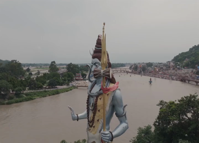 Aerial drone shot of giant Lord Shiva statue in Haridwar India