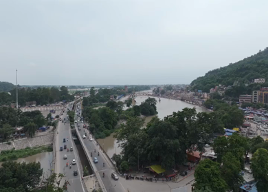 Aerial drone shot of giant Lord Shiva statue in Haridwar India