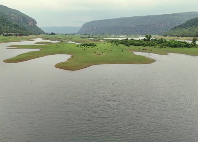 Aerial drone shot of reservoir in Kaimur hills Bihar India