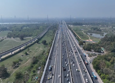 Aerial drone view of NH 24 highway in Delhi India