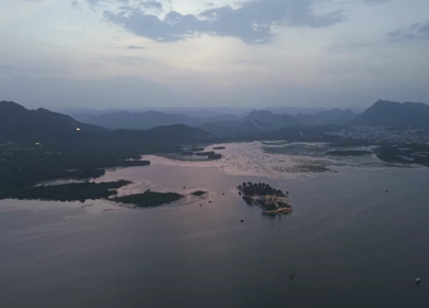 Aerial evening view of Lake Pichola in Udaipur Rajasthan India