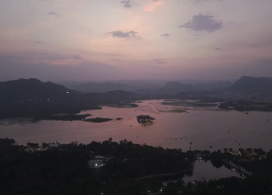 Aerial evening view of Lake Pichola in Udaipur Rajasthan India