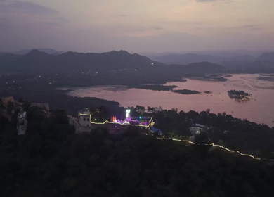 Aerial evening view of Lake Pichola in Udaipur Rajasthan India