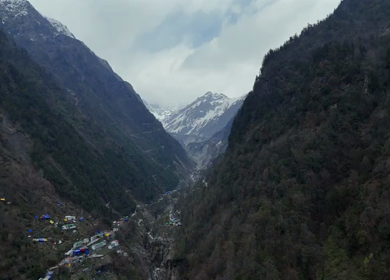 Aerial landscape view of Kedarnath valley in Uttarakhand India