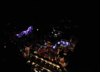 Aerial night drone view of a Big Fat Indian Wedding Venue Decoration in India