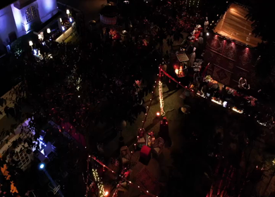 Aerial night drone view of a Big Fat Indian Wedding Venue Decoration in India