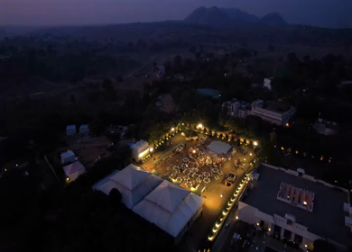 Aerial night drone view of a Big Fat Indian Wedding Venue Decoration in India