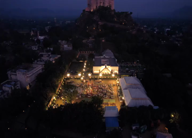 Aerial night drone view of a Big Fat Indian Wedding Venue Decoration in India