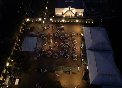 Aerial night drone view of a Big Fat Indian Wedding Venue Decoration in India