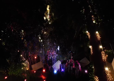 Aerial night drone view of a Big Fat Indian Wedding Venue Decoration in India
