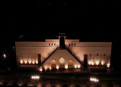 Aerial night drone view of a Big Fat Indian Wedding Venue Decoration in India