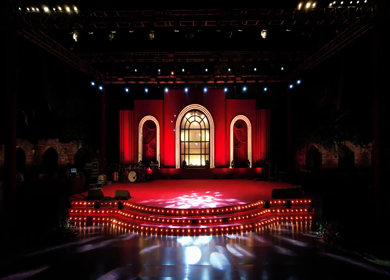 Aerial night drone view of a Big Fat Indian Wedding Venue Decoration in India