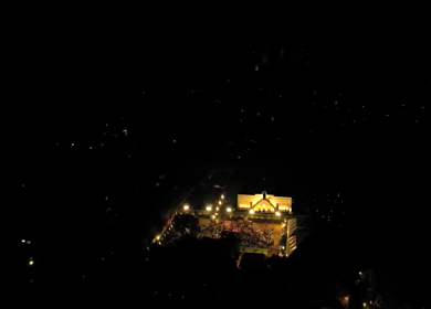 Aerial night drone view of a Big Fat Indian Wedding Venue Decoration in India