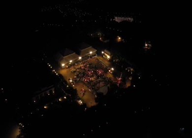 Aerial night drone view of a Big Fat Indian Wedding Venue Decoration in India