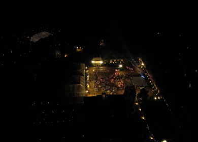 Aerial night drone view of a Big Fat Indian Wedding Venue Decoration in India
