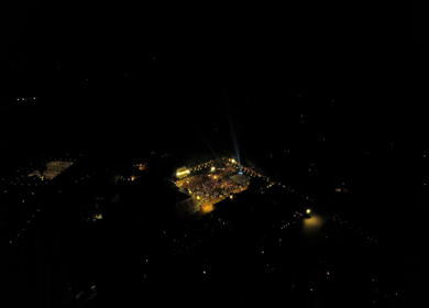 Aerial night drone view of a Big Fat Indian Wedding Venue Decoration in India