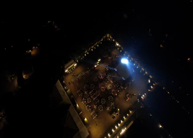 Aerial night drone view of a Big Fat Indian Wedding Venue Decoration in India